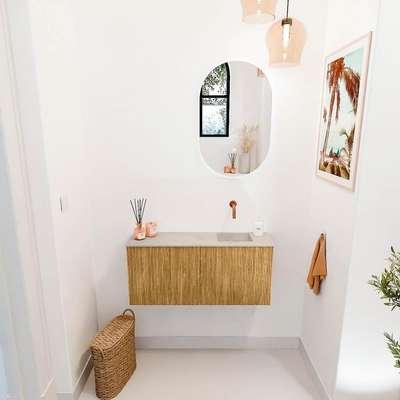 Mondiaz JOYA-DLUX 90cm toiletmeubel - kleur Oak - Wastafel FAYE positie Rechts Zonder kraangat kleur Opalo.