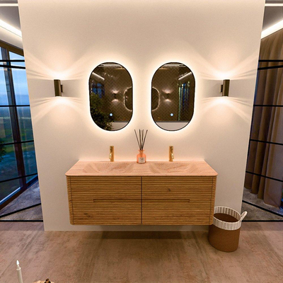 Mondiaz CIRO-DLUX Ensemble de meubles de salle de bains - 140x45x50cm - Plan vasque solid surface Saba - 2 vasques double - 2 trous de robinetterie - 4 tiroirs - Chêne