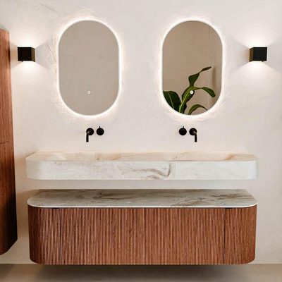 MONDIAZ THOR-DLUX 160cm meuble de salle de bains arrondi gauche + droite couleur Ruby avec 1 tiroir et 2 portes. Vasque suspendue CLOUD Double sans trou de robinet couleur Frappe.