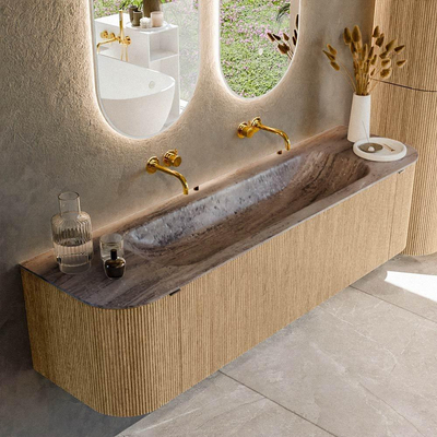 MONDIAZ KURVE-DLUX 170cm badmeubel ronding Links + Rechts kleur Oak met 1 lade en 2 deuren. Wastafel BIG LARGE Midden zonder kraangat Oza.