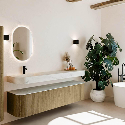 MONDIAZ THOR-DLUX Meuble de salle de bains 190cm arrondi gauche + droite couleur Dusk avec 2 tiroirs et 2 portes. Vasque suspendue CLOUD Gauche 1 trou de robinet couleur Opalo.