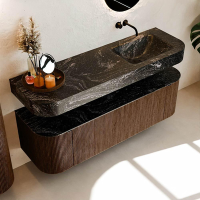 MONDIAZ THOR-DLUX 150cm meuble de salle de bains arrondi gauche + droite couleur Walnut avec 1 tiroir et 2 portes. Vasque suspendue CLOUD droite sans trou de robinet couleur Lava.