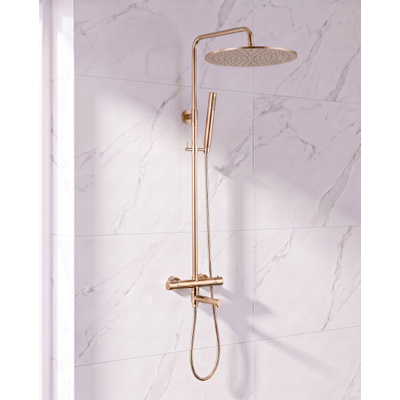 Fortifura Calvi Regendoucheset - thermostatisch - 30cm hoofddouche - metalen slang - staaf handdouche - draaibare baduitloop - Geborsteld Messing PVD (Goud)