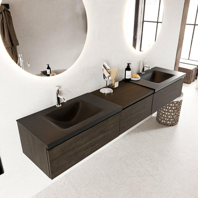 MONDIAZ BUKLA 220cm badmeubel met module 60 kleur Dark Brown met 3 lades. Wastafel CLOUD dubbel 2 kraangaten kleur Urban.
