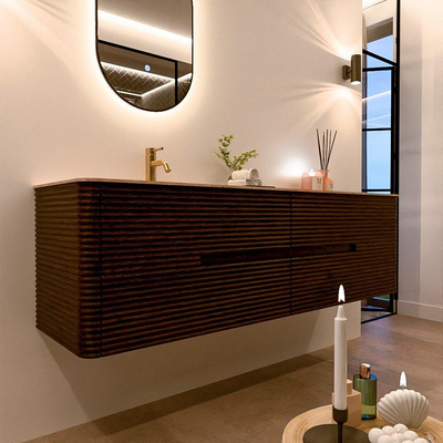 Mondiaz CIRO-DLUX Ensemble de meubles de salle de bains - 170x45x50cm - Plan vasque solid surface Saba - 1 vasque à gauche - 1 trou de robinet - 4 tiroirs - Noyer