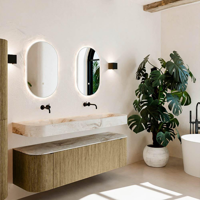 MONDIAZ THOR-DLUX 160cm meuble de salle de bains arrondi gauche + droite couleur Dusk avec 1 tiroir et 2 portes. Vasque suspendue CLOUD Double sans trou de robinet couleur Frappe.