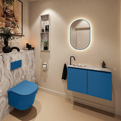 MONDIAZ TURE-DLUX Meuble toilette - 80cm - Jeans - EDEN - vasque Glace - position gauche - 1 trou de robinet