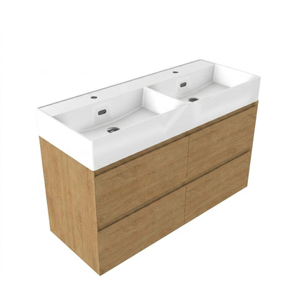 Saniclass Holz Pure Ensemble meuble de salle de bains - 120x45x72cm - Legend vasque en céramique blanc - 2 lavabos - 2 trous de robinetterie - 4 tiroirs - chêne naturel mat (bois)