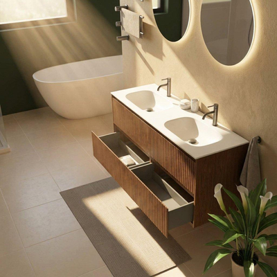 Saniclass Holz Atelier Ensemble de meubles de salle de bains - 140x45x61.5cm - Flow lavabo en solid surface blanc - 2 vasques - 2 trous de robinet - 4 tiroirs - walnut pure mat (bois)