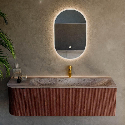 MONDIAZ KURVE-DLUX meuble de salle de bains 145cm arrondi à gauche couleur Ruby avec 1 tiroir et 1 porte. Lavabo BIG LARGE à droite 1 trou de robinet Oza.