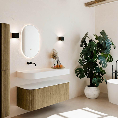 MONDIAZ THOR 120cm meuble de salle de bains arrondi gauche + droite couleur Dusk avec 1 tiroir et 2 portes. Vasque suspendue CLOUD Gauche sans trou de robinet couleur Talc.