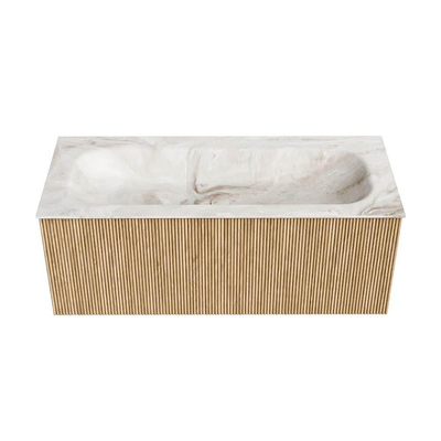 MONDIAZ KURVE-DLUX meuble de salle de bains 110cm couleur Oak avec 1 tiroir. Lavabo BIG MEDIUM central sans trou de robinet couleur Frappe.