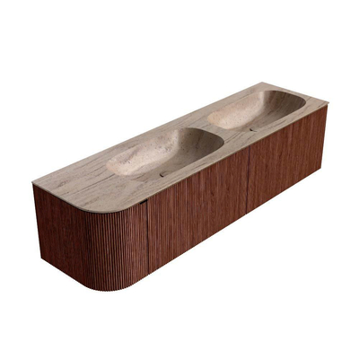 MONDIAZ KURVE-DLUX Meuble de salle de bains 165cm arrondi à gauche couleur Ruby avec 2 tiroirs et 1 porte. Lavabo STOR SMALL Double / Droite 2 trous de robinet Saba.