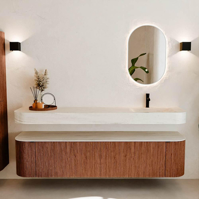 MONDIAZ THOR-DLUX Meuble de salle de bains - 190cm - arrondi gauche + droite - couleur Ruby - 2 tiroirs - 2 portes - Vasque suspendue CLOUD Droite 1 trou de robinet - couleur Meli