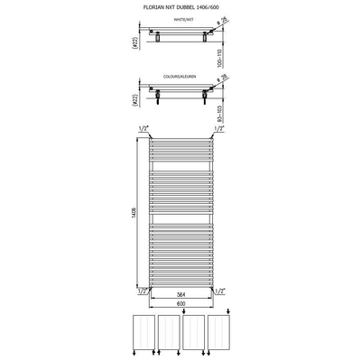 Plieger Florian Nxt designradiator dubbel horizontaal 1406x600mm 1153W zwart grafiet (black graphite)
