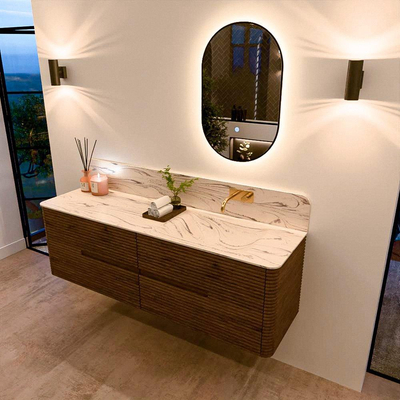 Mondiaz CIRO-DLUX Badkamermeubelset - 160x45x50cm - Solid surface wastafel Nata - 1 wasbak Rechts - zonder kraangaten - 4 lades - Dusk