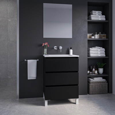 Saniclass Chaci PLUS Meuble de salle de bain - 60x86x46cm - lavabo en céramique blanc - 1 vasque - sans trous de robinet - 3 tiroirs - miroir rectangulaire - noir mat