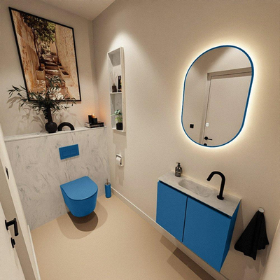 MONDIAZ TURE-DLUX Meuble toilette - 60cm - Jeans - EDEN - vasque Opalo - position centrale - 1 trou de robinet