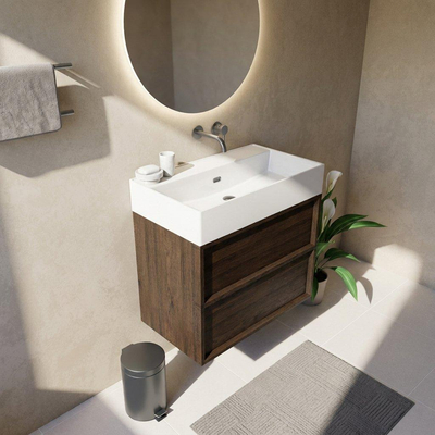 Saniclass Holz Frame Ensemble de meubles de salle de bains - 80x45x72cm - Legend lavabo en céramique blanc - 1 vasque - sans trou de robinet - 2 tiroirs - chêne charcoal mat (bois)