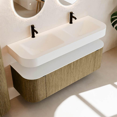 MONDIAZ THOR 140cm meuble de salle de bains arrondi gauche + droite couleur Dusk avec 1 tiroir et 2 portes. Vasque suspendue CLOUD Double 2 trous de robinet couleur Talc.