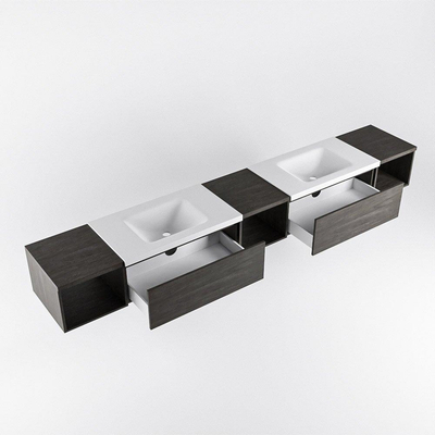 MONDIAZ BUKLA 280cm ensemble de meuble avec module ouvert 40 L+M+R couleur Marron Foncé avec 2 tiroirs. Lavabo CLOUD double 2 trous de robinet couleur Talc.