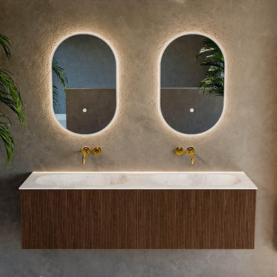 MONDIAZ KURVE-DLUX Meuble de salle de bains 150cm couleur Walnut avec 2 tiroirs. Lavabo STOR SMALL double sans trou de robinet couleur Frappe.