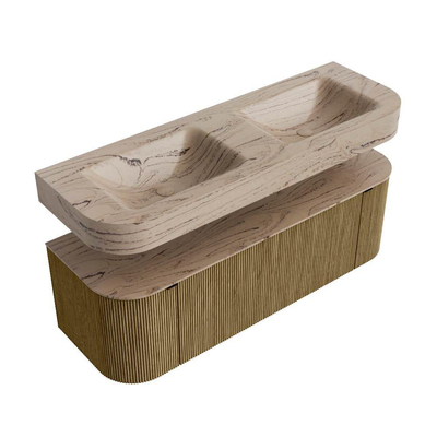 MONDIAZ THOR-DLUX 140cm meuble de salle de bains arrondi gauche + droite couleur Dusk avec 1 tiroir et 2 portes. Vasque suspendue CLOUD Double 2 trous de robinet couleur Arena.