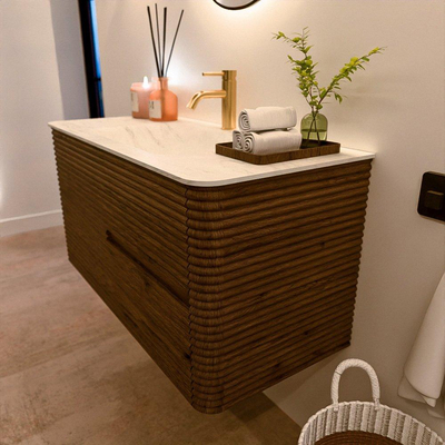 Mondiaz CIRO-DLUX Badkamermeubelset - 100x45x50cm - Solid surface wastafel Opalo - 1 wasbak Midden - 1 kraangat - 2 lades - Dusk