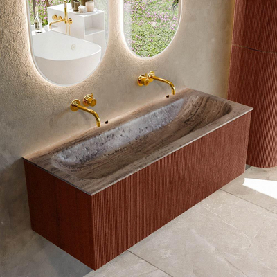 MONDIAZ KURVE-DLUX Meuble de salle de bains 120 cm couleur Ruby avec 1 tiroir et 0 porte. Lavabo BIG LARGE au milieu sans trou de robinet Oza.