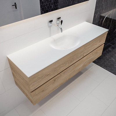 Mondiaz VICA Ensemble de meuble de salle de bain - 150cm - meuble sous-vasque chêne blanchi - 2 tiroirs - lavabo Moon milieu - sans trous de robinet - version XL 60cm de haut