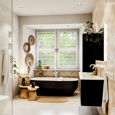 MONDIAZ VICA meuble sous lavabo 120cm Urban 4 tiroirs. Lavabo DENIA double 2 trous de robinet, couleur Blanc Brillant.