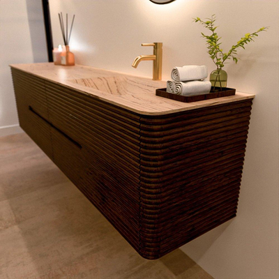 Mondiaz CIRO-DLUX Badkamermeubelset - 190x45x50cm - Solid surface wastafel Arena - 1 wasbak Rechts - 1 kraangat - 4 lades - Walnut