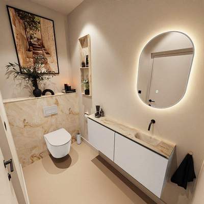 MONDIAZ TURE-DLUX Meuble de toilettes 120 cm Linen. Lavabo EDEN Frappe position droite. Sans trou de robinet.
