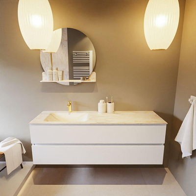 Mondiaz VICA-DLUX Ensemble de meuble de salle de bain - 150cm - meuble sous-vasque talc - 2 tiroirs - lavabo encastré cloud gauche - 1 trou de robinet - version haute de 60cm - ostra