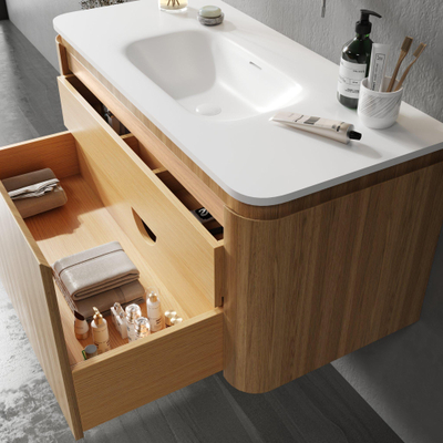 Saniclass Terra Meuble sous lavabo - 100cm - 2 tiroirs - lavabo en solid surface - 1 cuve - sans trous de robinet - coins arrondis - sandwood (chene clair)