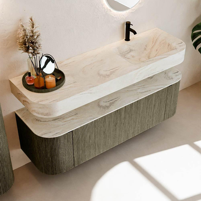 MONDIAZ THOR-DLUX 150cm meuble de salle de bains arrondi gauche + droite couleur Shadow avec 1 tiroir et 2 portes. Vasque suspendue CLOUD Droite 1 trou de robinet couleur Ostra.