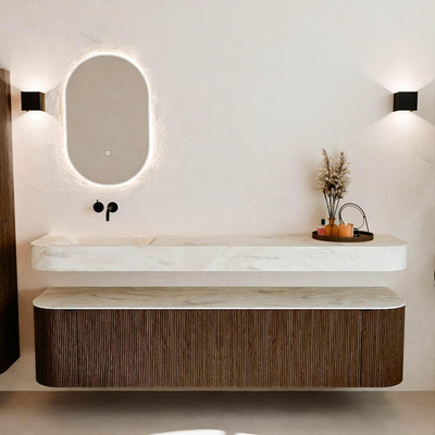 MONDIAZ THOR-DLUX Meuble de salle de bains - 190cm - arrondi gauche + droite - couleur Walnut - 2 tiroirs et 2 portes - Vasque suspendue CLOUD Gauche sans trou de robinet - couleur Ostra