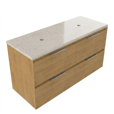Saniclass Holz Pure Ensemble de meubles de salle de bains - 120x45x63cm - Plan de travail en pierre naturelle travertin - sans trou de robinet - 4 tiroirs - chêne natural mat (bois)