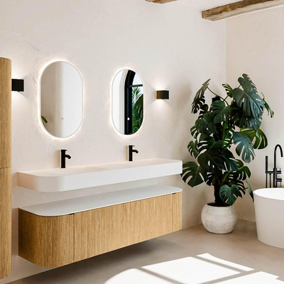 MONDIAZ THOR Meuble de salle de bains 170cm arrondi gauche + droite couleur Oak avec 1 tiroir et 2 portes. Vasque suspendue CLOUD Double 2 trous de robinet couleur Talc.