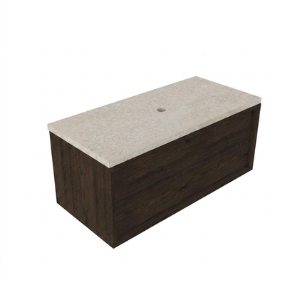 Saniclass Holz Frame Ensemble meuble de salle de bains - 100x45x43cm - Plan de travail en pierre naturelle travertin - sans trou de robinet - 1 tiroir - chêne charcoal mat (bois)
