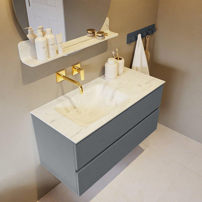 Mondiaz VICA-DLUX ensemble de meuble de salle de bain - 100cm - meuble sous-vasque plata - 2 tiroirs - lavabo encastré cloud gauche - sans trous de robinet - version haute de 60cm - opalo