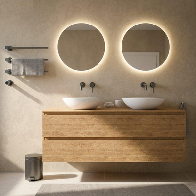 Saniclass Holz Pure Ensemble de meubles de salle de bains - 160x45x62cm - plan de travail en bois - sans trou de robinet - 4 tiroirs - chêne natural mat (bois)