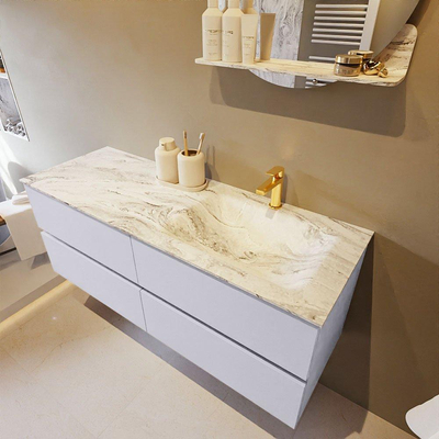 Mondiaz VICA-DLUX Ensemble de meuble de salle de bain - 130cm - meuble sous-vasque cale - 4 tiroirs - lavabo encastré cloud droite - 1 trou de robinet - version haute de 60cm - glace