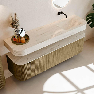 MONDIAZ THOR-DLUX 170cm meuble de salle de bains arrondi gauche + droite couleur Dusk avec 1 tiroir et 2 portes. Vasque suspendue CLOUD Droite sans trou de robinet couleur Meli.