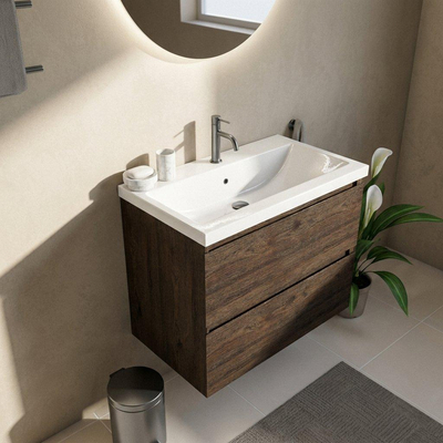 Saniclass Holz Pure Ensemble de meubles de salle de bains - 80x45x63.5cm - Lavabo en céramique Bari blanc - 1 vasque - 1 trou de robinetterie - 2 tiroirs - chêne charcoal mat (bois)