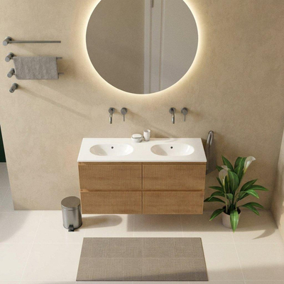 Saniclass Holz Atelier Ensemble meuble de salle de bains - 120x45x74cm - lavabo Chaci en céramique blanc - 2 vasques - sans trous de robinetterie - 2 tiroirs - chêne natural mat (bois)
