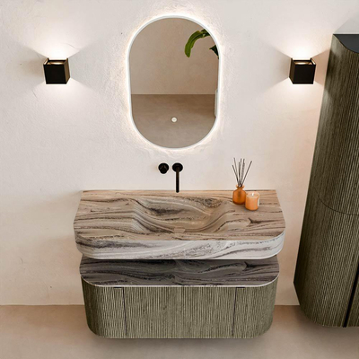 MONDIAZ THOR-DLUX 110cm badmeubel ronding links + rechts kleur Shadow met 1 lade en 2 deuren. Vrijhangende wastafel CLOUD Midden zonder kraangat kleur Sombra.