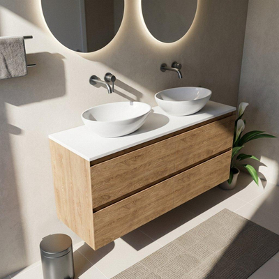 Saniclass Holz Pure Ensemble de meuble de salle de bains - 140x45x62.5cm - plan de toilette Torino en solid surface blanc - sans trou de robinet - 4 tiroirs - chêne natural mat (bois)