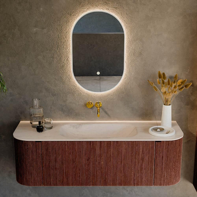 MONDIAZ KURVE-DLUX 140cm badmeubel ronding Links + Rechts kleur Ruby met 1 lade en 2 deuren. Wastafel BIG SMALL Midden zonder kraangat Meli.