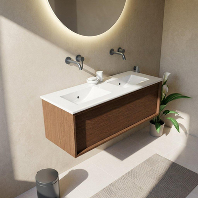 Saniclass Holz Frame Ensemble meuble de salle de bains - 120x45x42cm - Lavabo Vygo en céramique blanc - 2 vasques - sans trous de robinetterie - 1 tiroir - walnut pure mat (bois)